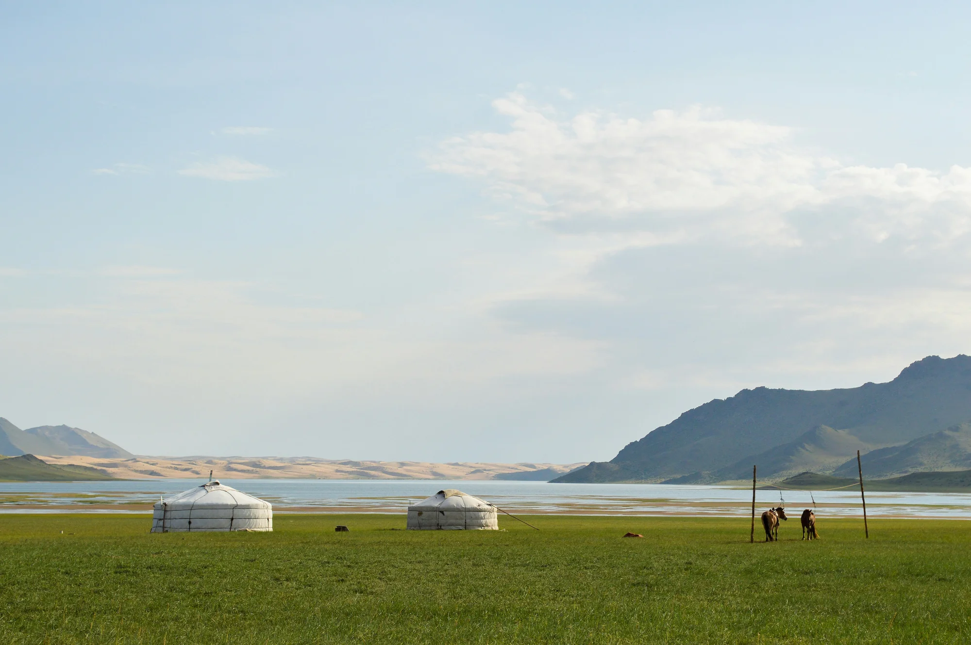 Traditional white nomadic gers (yurts) set against a green grassland steppe, a blue lake, and distant mountains in Mongolia.